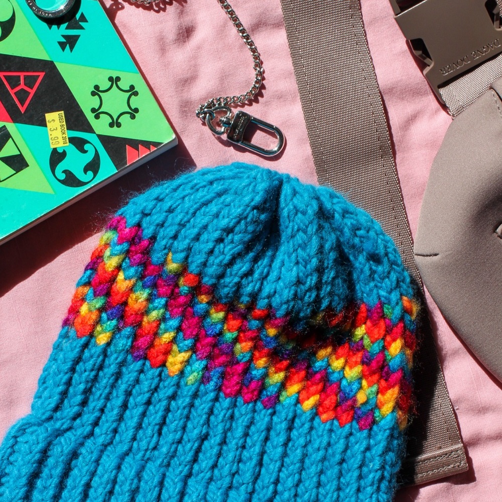 EUC Hand-Crocheted Turquoise/Rainbow Winter Beanie Hat